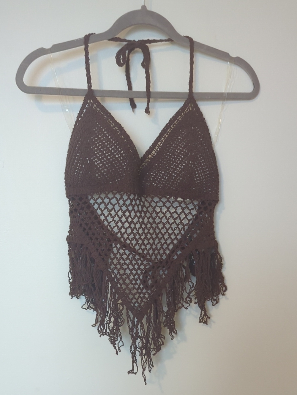 Sans Souci Brown Crochet Fringe Halter Top